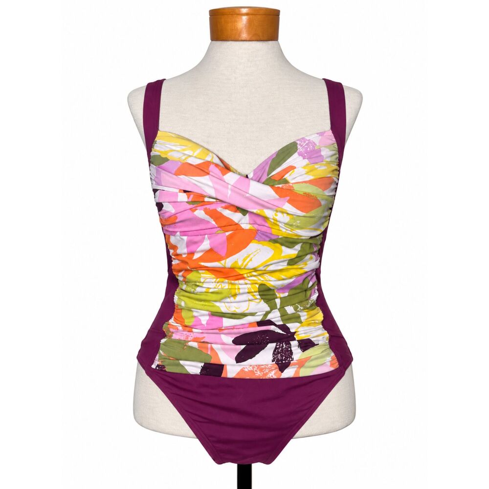 La Blanca by Rod Beattie Floral Ruched One Piece Swimsuit Sz 8 Burgundy EUC
